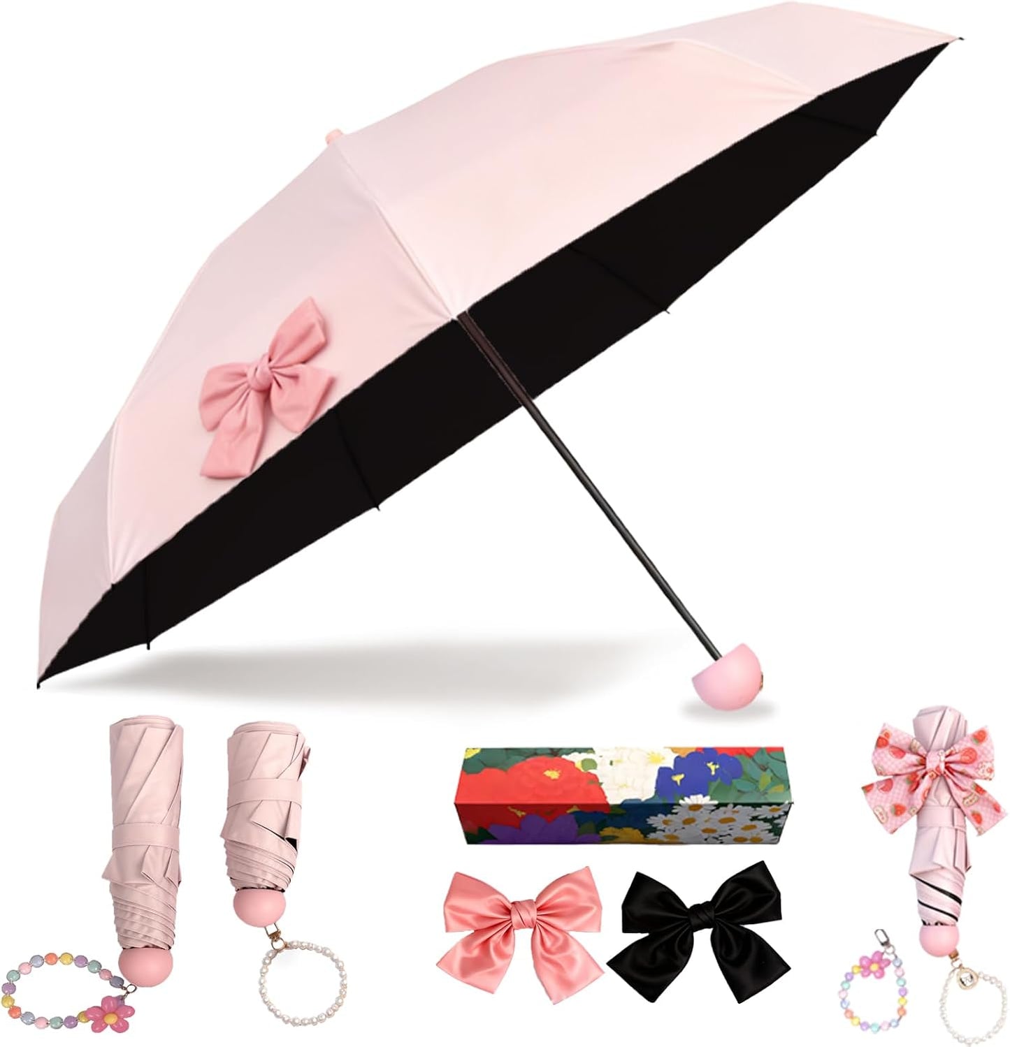 Pink Bow Umbrella,Mini Compact Windproof Folding Umbrella for Rain Wind, Portable UV Shade Sun Umbrella for Women teen