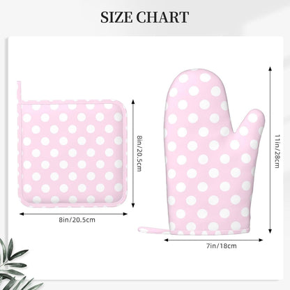 Light Pink Polka Dot Print A Oven Mitts and Pot Holders Sets with 1 Left Silicone Oven Mitts and 1 Heatproof Insulated Hot Pads for Kitchen Use in Baking Cooking Grilling