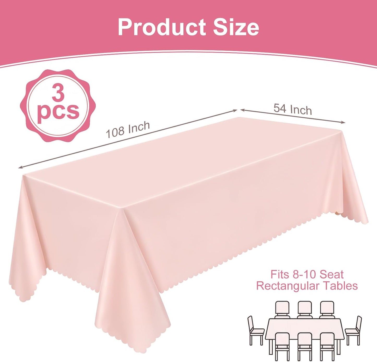 3 Pack Plastic Light Pink Tablecloths, 54 X 108Inch Disposable Spring Tablecloth Scalloped Pink Table Cloth for Rectangle Tables Table Cover for Girls Birthday Baby Bridal Shower Tea Party Wedding