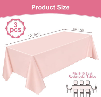 3 Pack Plastic Light Pink Tablecloths, 54 X 108Inch Disposable Spring Tablecloth Scalloped Pink Table Cloth for Rectangle Tables Table Cover for Girls Birthday Baby Bridal Shower Tea Party Wedding