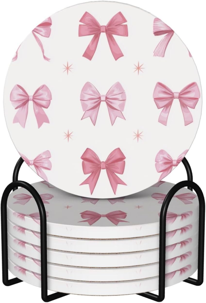 Nine Light Pink Bows Ceramic Coasters with Holder Set of 6 Coffee Cup Drink Coasters