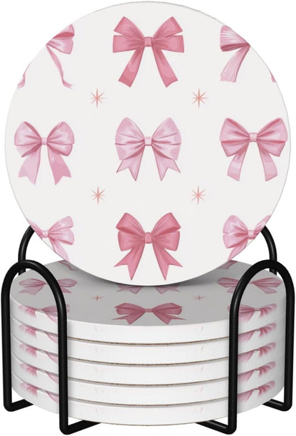 Nine Light Pink Bows Ceramic Coasters with Holder Set of 6 Coffee Cup Drink Coasters