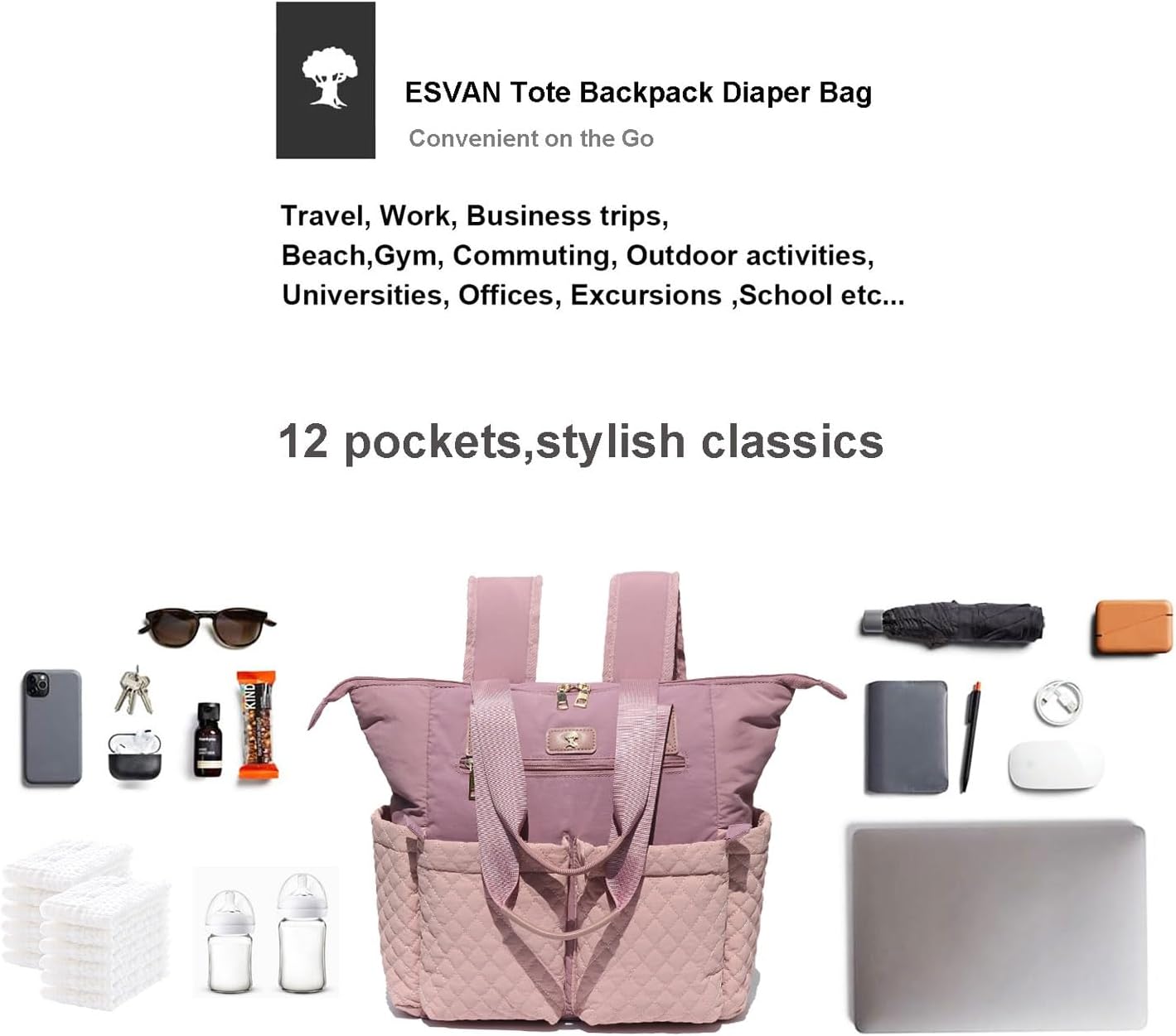 ESVAN Diaper Tote Bag Totepack Backpack 2 in 1 for Women Multifunctional Large Capacity with Insulated Pockets Travel | Multifunctional
