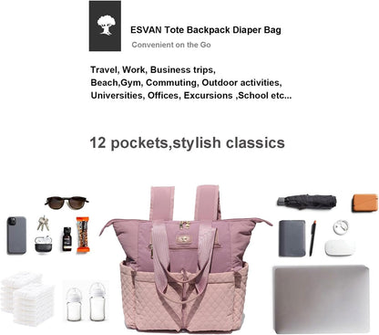 ESVAN Diaper Tote Bag Totepack Backpack 2 in 1 for Women Multifunctional Large Capacity with Insulated Pockets Travel | Multifunctional
