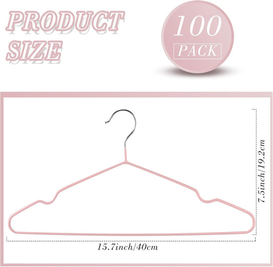 Wesiti 100 Pcs Metal Wire Non Slip Hangers for Clothes Space Saving Hanger Strong 15.7 in Triangle Clothes Coat Suit Bridal Boutique Dress for Closet Dorm Rack(Pink)