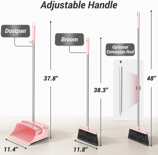 Broom with Dustpan Combo Set, Long Handle Upright Standing Self-Cleaning Broom and Dustpan Set for Pet Hair & Dust Cleanup, Indoor Outdoor Use for Home, Kitchen, Office, Pink
