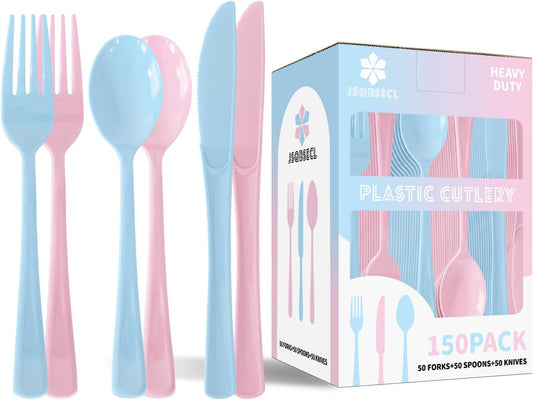 150 Pack Plastic Silverware,Disposable Cutlery Set Heavy Duty Utensil Sets 50 Forks 50 Knives 50 Spoons for Brithday, Wedding,Home School Party Picnics Restaurant Outdoor Events (Light Blue and Pink)