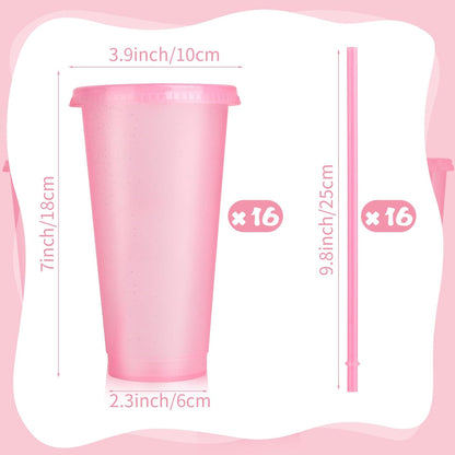 Hxezoc 16-Piece Reusable Cups with Lids and Straws, 24 oz Glitter Plastic Tumbler Iced Coffee Cups Travel Mugs for Smoothies, Juices, Beach, Bachelor Party (Light Pink)
