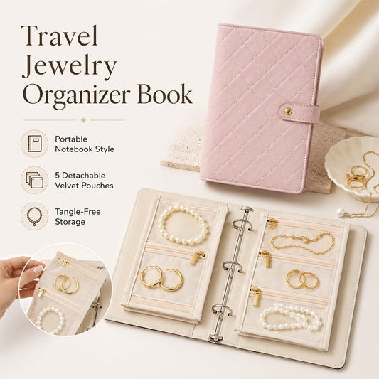 Travel Jewelry Notebook, Portable Jewelry Travel Case with 5 Detachable Velvet Zipper Pouches, Faux Leather Binder for Rings, Earrings, Necklaces (Light pink,2PCS)