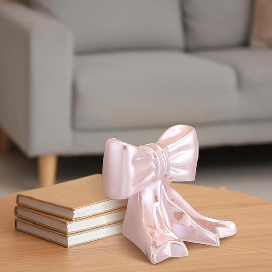 Leinuosen 2 Pcs Pink Bow Bookends Ceramic Cute Book Ends Decorative Book Stand Bow Sculpture Statues Tabletop Shelf Ornament Room Decor for Home Office School Dorm Girl Desk