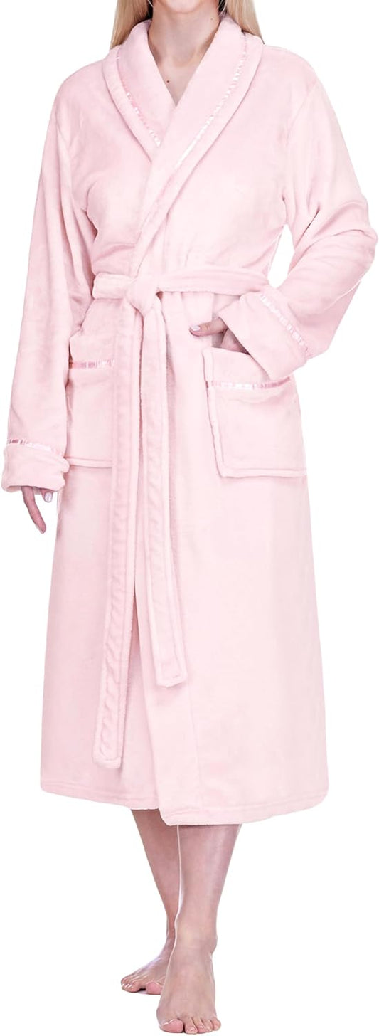 PAVILIA Womens Fleece Robe with Satin Trim, Plush Soft Long Spa Bathrobe, Cozy Shawl Collar Housecoat with Pockets