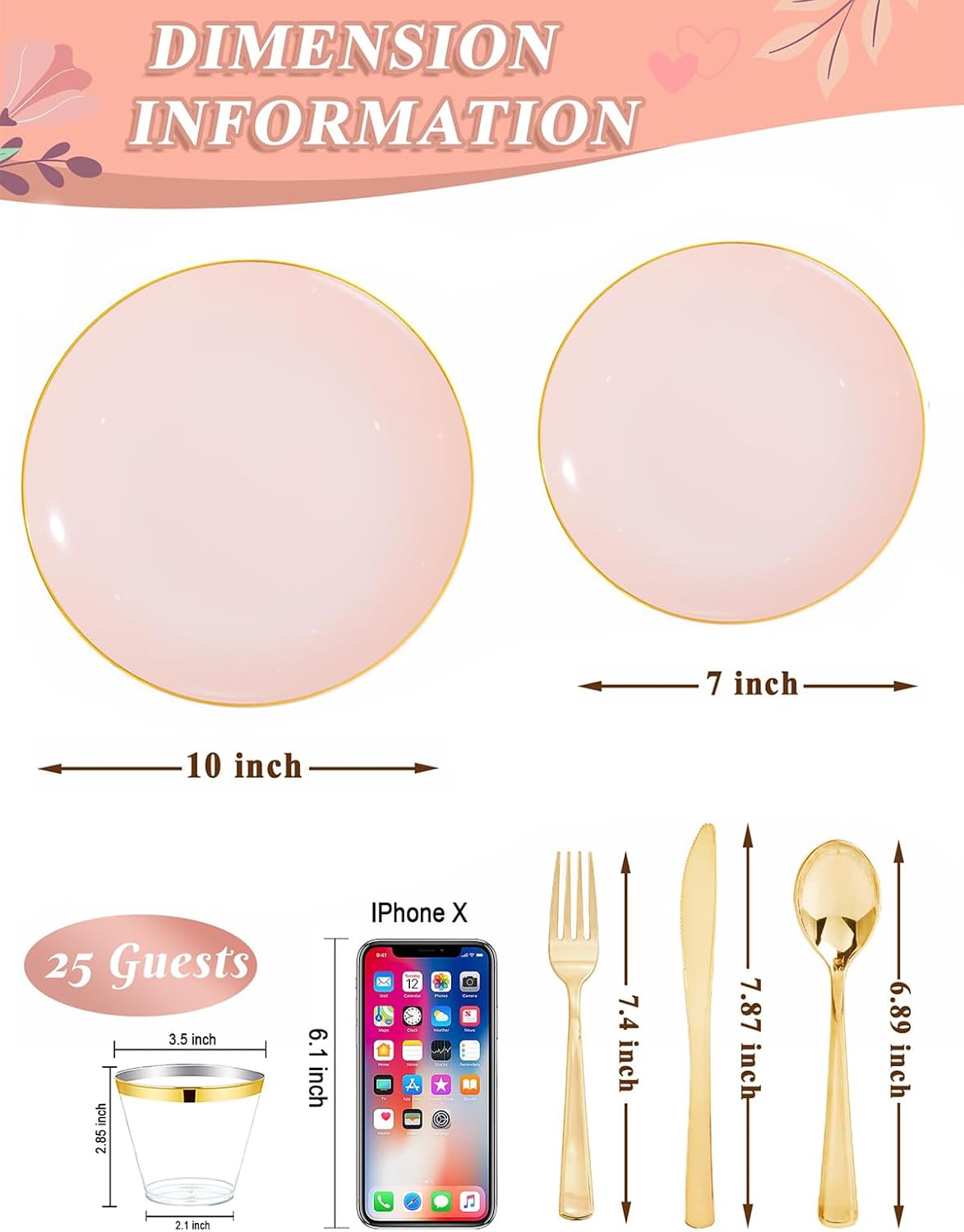 WDF 150Pcs Pink Plates Disposable - Pink and Gold Plastic Plates 25guest Disposable Dinnerware Include 25 Dinner Plate, 25 Dessert Plate, 25 Cutlery & 25 9oz Cups for Baby Shower/Wedding/Birthday