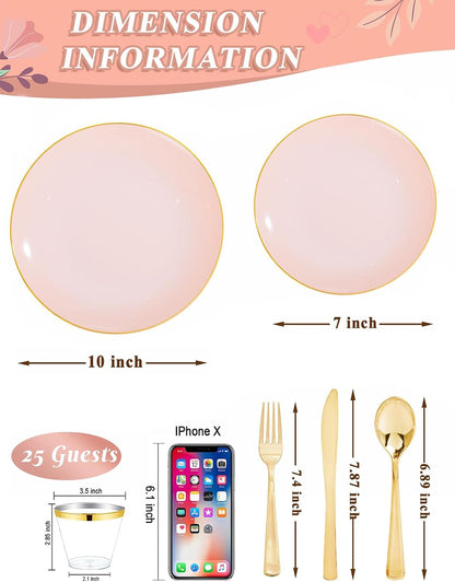 WDF 150Pcs Pink Plates Disposable - Pink and Gold Plastic Plates 25guest Disposable Dinnerware Include 25 Dinner Plate, 25 Dessert Plate, 25 Cutlery & 25 9oz Cups for Baby Shower/Wedding/Birthday