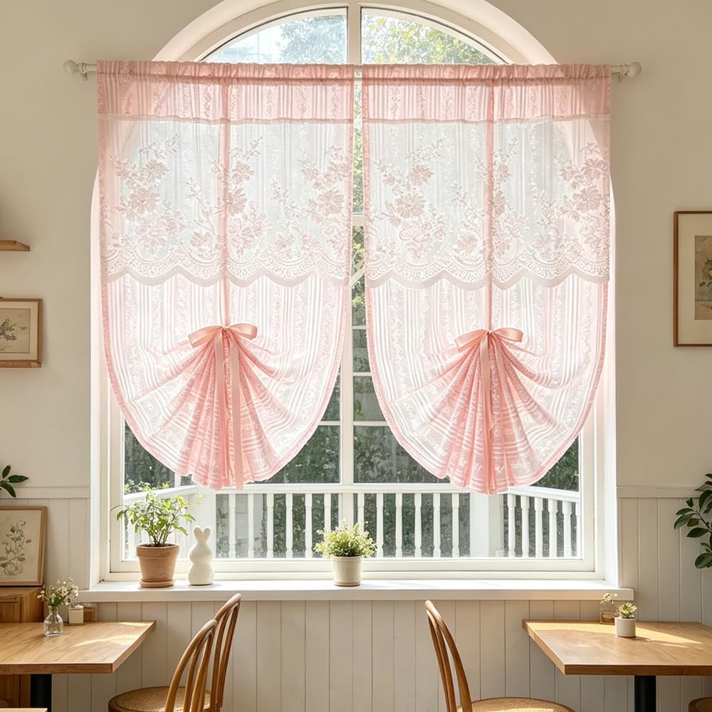 2PC Pink Floral Lace Tie Up Curtain Adjustable Roman Balloon Sheer Valance | Striped Embroidery Semi Transparent Window Curtain, Rod Pocket Lace Drape for Kitchen Arch Door Cafe Balcony Gazebo Decor