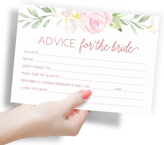 Printed Party Advice and Wishes for the Mr and Mrs – Wedding Advice Cards for Bridal Shower, Games and Favors for Guests, Pink Floral Design, 50 Guests