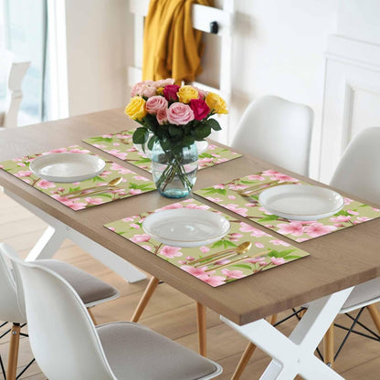 Pink Peach Flowers Placemats Set of 4, Washable PVC Kitchen Table Mats Place Mats, Spring Botanical Watercolor Floral Green Woven Vinyl Placemat for Dining Table, 13" x 19"