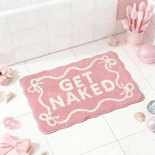 Pink Bow Get Naked Bath Mat Scalloped Bow Bathroom Rugs Cute Tufted Extra Soft Water Absorbent Quick Dry Bath Mats for Bathroom Toilet Non Slip Bath Rug Aesthetic Decor Carpet, 16" x 24"