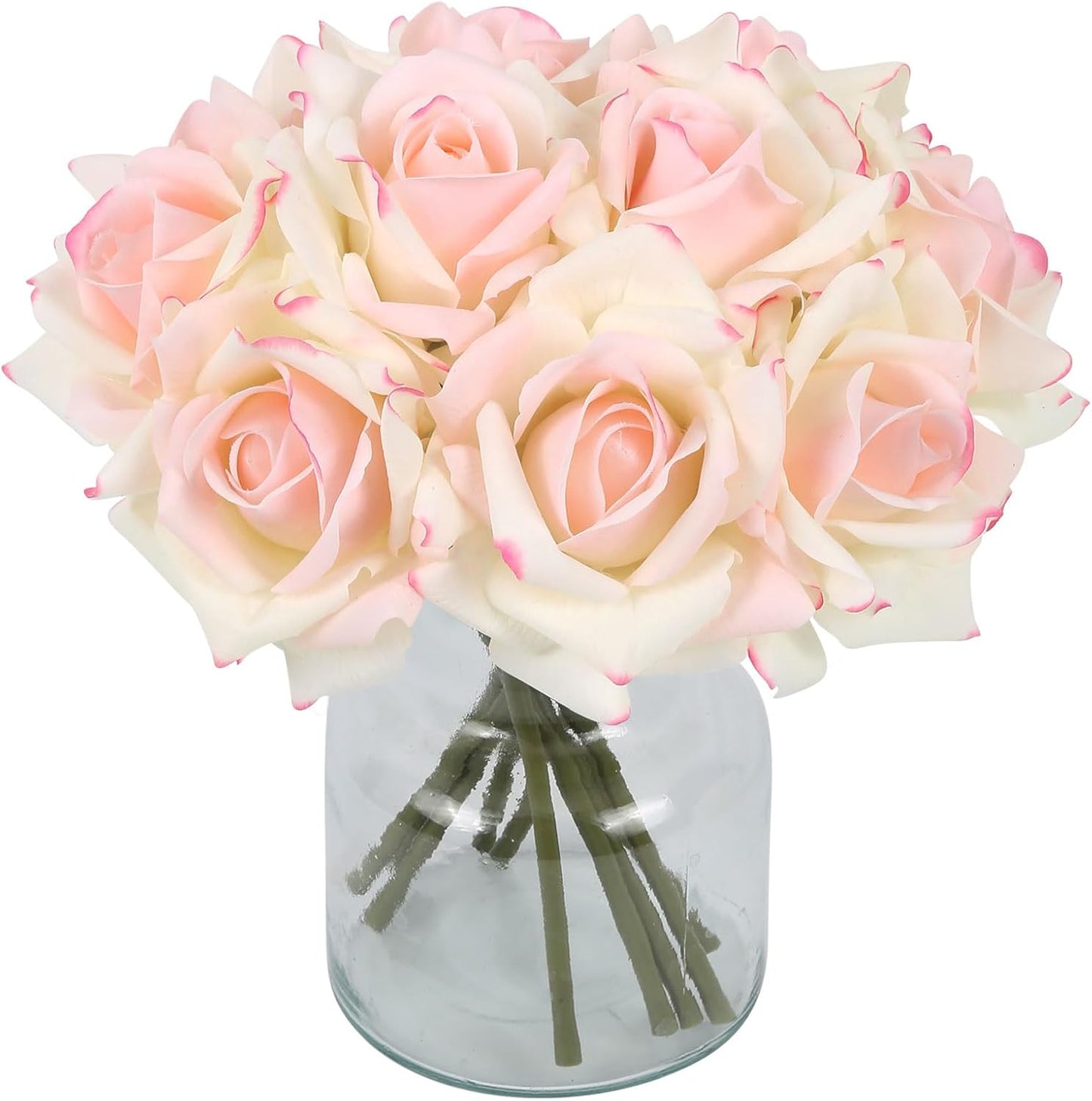 IPOPU Fake Roses,2 Bouquets 10PCS Real Touch Roses Artificial Flowers Faux Roses with Stems for Wedding Party Home Table Centerpieces Decoration(Pink Edge)