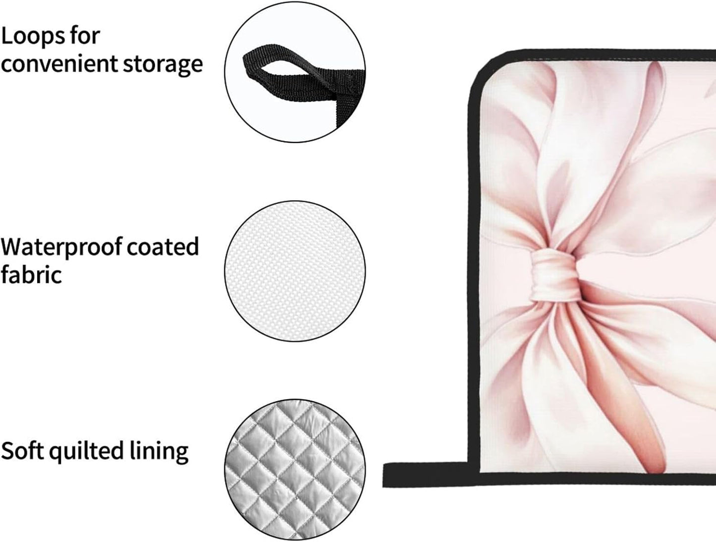 Light Pink Bow Oven Mitts and Pot Holders 4 Pcs Set Heat Resistant Thicken Long Kitchen Gloves for Cooking Baking Grilling
