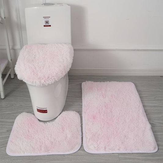 Bathroom Rugs Sets 3 Piece,U-Shaped Toilet Floor Mat +Non Slip Rugs +Toilet Lid Cover Mat,with PVC Point Rubber Backing (Light Pink)