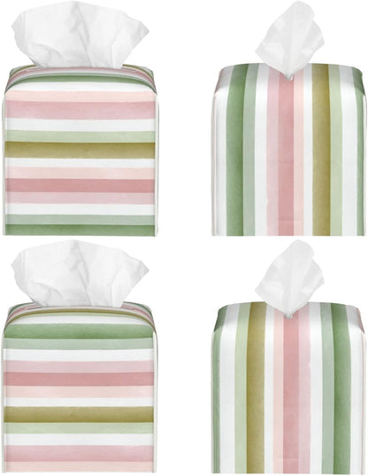 Pastel Pink Green Wide Stripe Pattern Tissue Box Cover Square Pu Leather Waterproof Tissue Box Holder for Car Bathroom Bedroom Office Tabletop Decor