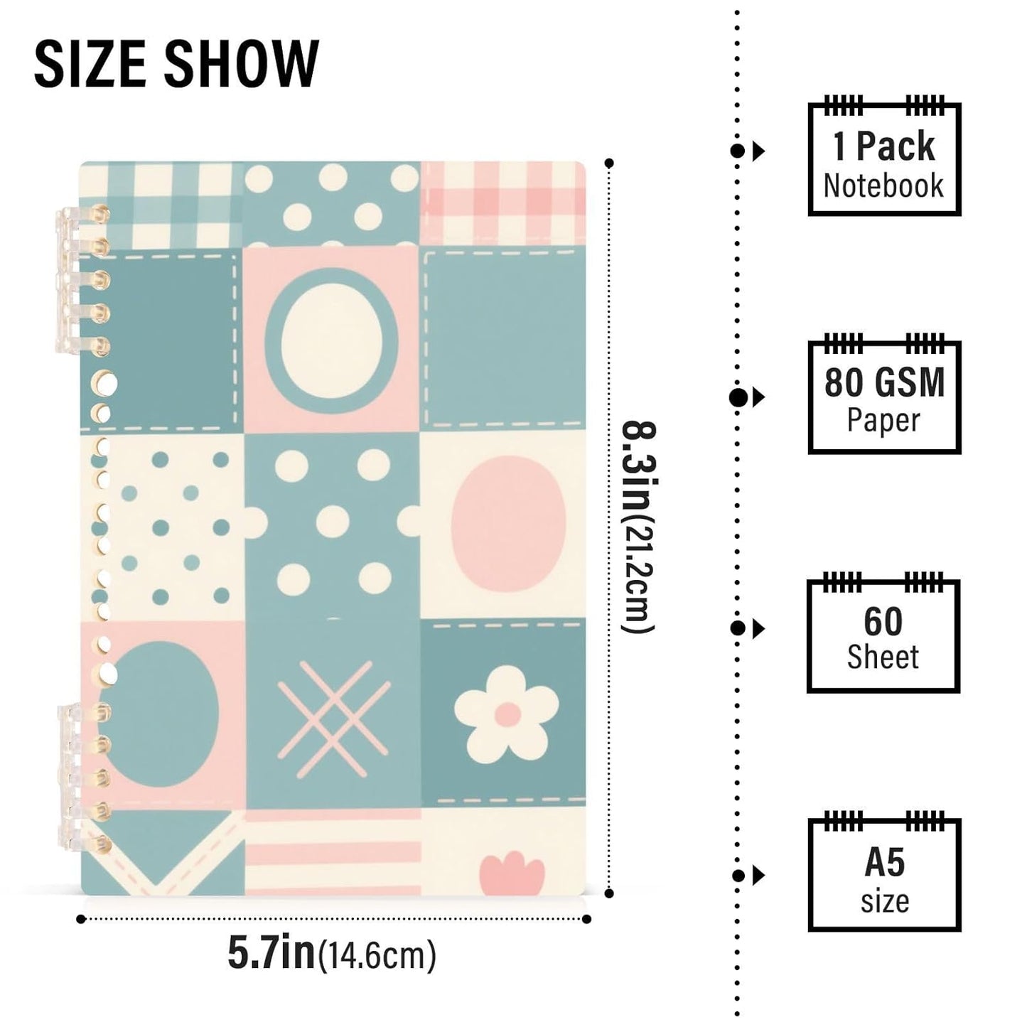 EtherSpher A5 size Patchwork Pattern Flowers Pastel Peach lined notebook 8.3" x 5.7", hard cover subject spiral notebook wide 60 sheets for working&classroom 2 pack