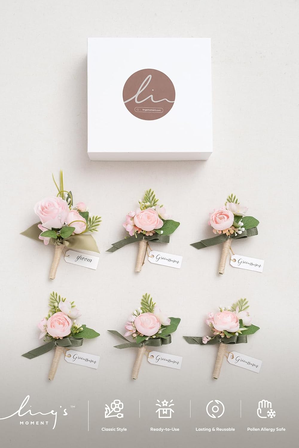 Ling's moment Boutonniere for Men, 6pcs Groom Groomsmen Boutonniere, Artificial Flowers for Wedding Decor/Prom/Homecoming, etc.Blush Pink