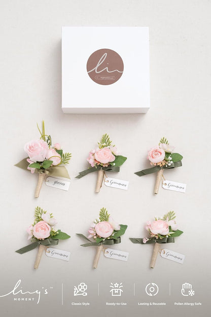 Ling's moment Boutonniere for Men, 6pcs Groom Groomsmen Boutonniere, Artificial Flowers for Wedding Decor/Prom/Homecoming, etc.Blush Pink