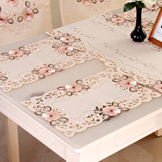 Embroidery Pink Flower Placemats Set of 4, 17" X 11" Rectangular Classic Lace Beige Lunchmat Place Mats Home Decoration Party Kitchen Dining Restaurant Table Mats