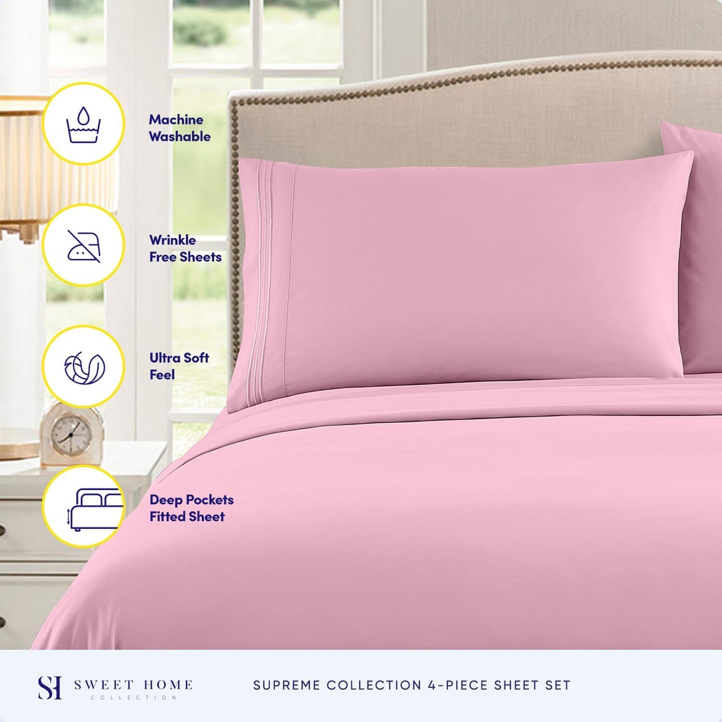 Queen Size Bed Sheets - Breathable Luxury Sheets with Full Elastic & Secure Corner Straps Built In - 1800 Supreme Collection Extra Soft Deep Pocket Bedding Set, Sheet Set, Queen, Pink