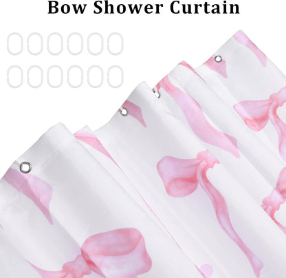 Cute Pink Bow Shower Curtain, Bow Pink Shower Curtain Cute Fabric for Bathroom Aesthetic Cloth Set with Hooks Butterfly Knot Bathroom Home Decor for Girls Women 71 x 71 Inch