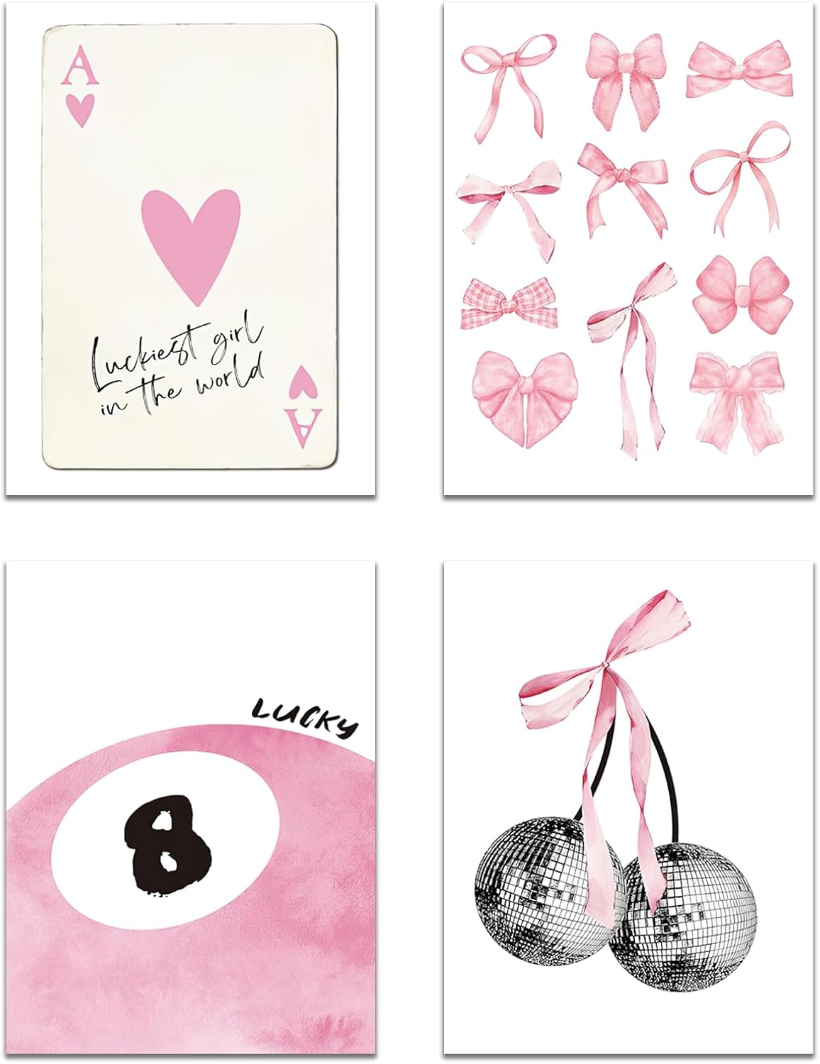 Trendy Pink Wall Art Set of 4, Coquette Preppy Wall Decor, Pink Bows Cherry Room Decor Aesthetic Cute Girly Lucky 8 Ball Canvas Posters Prints for College Apartment Dorm Bedroom 8x10 Inch Unframed