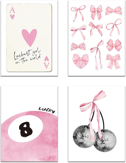 Trendy Pink Wall Art Set of 4, Coquette Preppy Wall Decor, Pink Bows Cherry Room Decor Aesthetic Cute Girly Lucky 8 Ball Canvas Posters Prints for College Apartment Dorm Bedroom 8x10 Inch Unframed