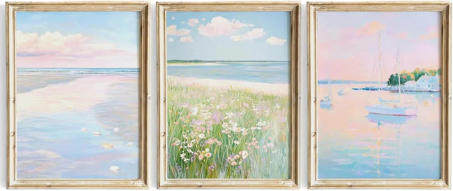 Pink Beach Wall Art Preppy Coastal Canvas Wall Decor Summer Beachy Posters Aesthetic Ocean Pictures Pastel Pink Beach Prints Painting Coastal Artwork for Living Room Bedroom 12x16 Inch Unframed 3Pcs