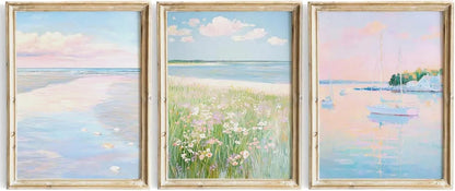 Pink Beach Wall Art Preppy Coastal Canvas Wall Decor Summer Beachy Posters Aesthetic Ocean Pictures Pastel Pink Beach Prints Painting Coastal Artwork for Living Room Bedroom 12x16 Inch Unframed 3Pcs