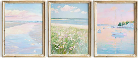 Pink Beach Wall Art Preppy Coastal Canvas Wall Decor Summer Beachy Posters Aesthetic Ocean Pictures Pastel Pink Beach Prints Painting Coastal Artwork for Living Room Bedroom 12x16 Inch Unframed 3Pcs