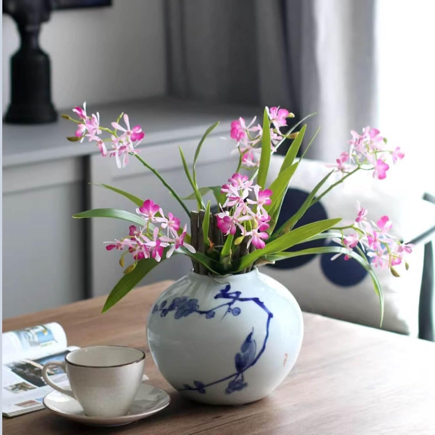 3pcs Artificial Cymbidium Orchid Flowers that Look Real, Faux Pink Orchid Stems with Roots for Vases, Cymbidium Stems for Home Office Farmhouse Indoor Tables Centerpieces Decor (Pink)
