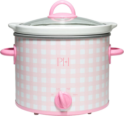 Paris Hilton 3.5-Quart Manual Slow Cooker, Features Three Settings (Low, High, Warm), Naturally Nonstick and Dishwasher Safe Stoneware Insert, Family Sized Capacity, Gingham Pink