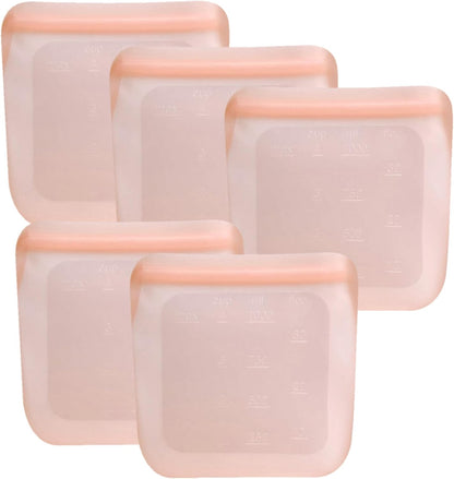 purifyou Set of 5 Reusable Silicone Storage Snack Bags 6oz / 16oz / 32oz / 64oz Self-Seal Food Storage Container for Fruits, Vegetables, Sandwiches, Dishwasher Safe & Leak-free (CloudPink, 32oz)