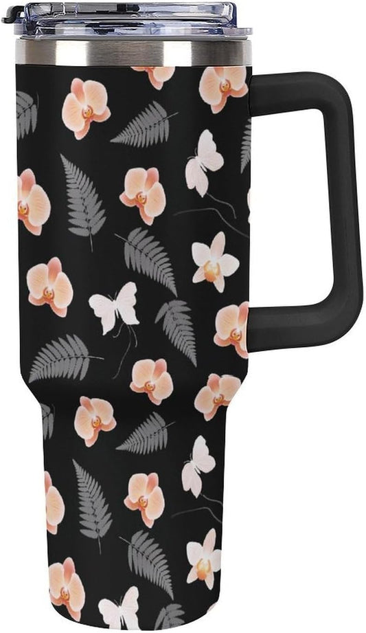 Sweatproof Handled Tumbler Stainless Steel With Handle For Travel Tropical Peach Orchid And Fern Pattern Travel Cup black-style-28