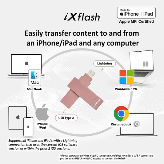 1TB Backup Flash Drive 2-in-1 Lightning & USB Type A for iPhone, iPad, and Computer Apple MFi Certified Morandi Pink iXflash, External Hard Drive for iPhone