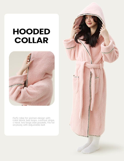 Yimoon Womens Striped Fluffy Robe Hooded Plush Long Bathrobes Fuzzy Thick Warm Housecoat Soft Loungewear