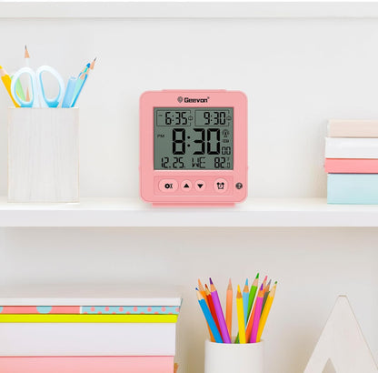 Geevon Small Digital Atomic Alarm Clock for Bedroom, Travel Table Clock with Auto/8s Backlight, 2 Alarm, Temperature, Desk Clock Battery Operated for Deep Sleepers Kids Elderly Home Office, Pink