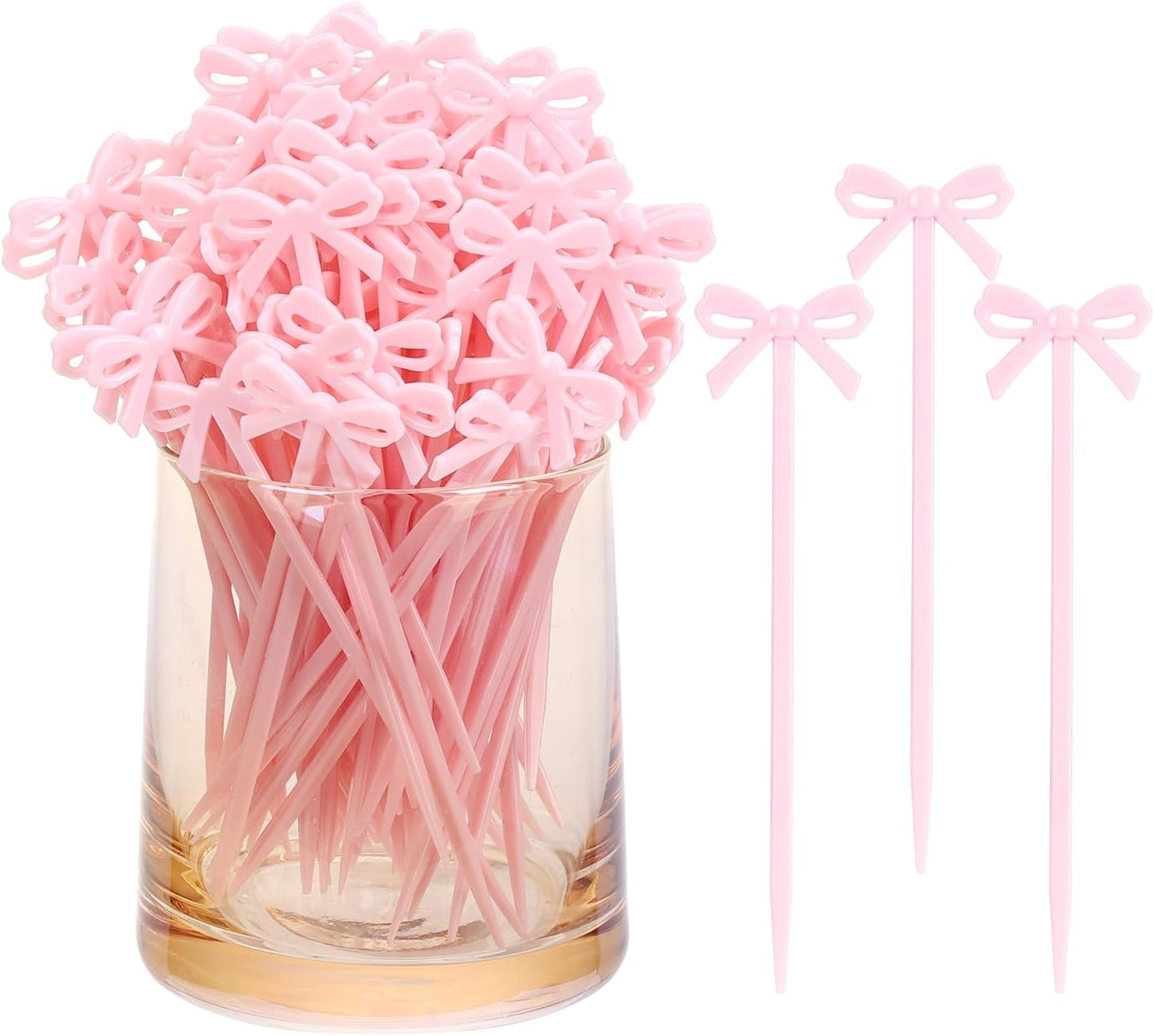 100Pcs Pink Toothpicks Plastic Bow Cocktail Picks Long Fruit Skewers Drink Stirrers Cupcake Toppers Fancy Toothpick for Appetizers Drinks Wedding Coquette Birthday Bow Party Decoration