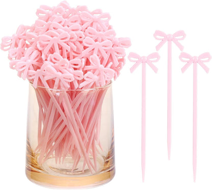 100Pcs Pink Toothpicks Plastic Bow Cocktail Picks Long Fruit Skewers Drink Stirrers Cupcake Toppers Fancy Toothpick for Appetizers Drinks Wedding Coquette Birthday Bow Party Decoration
