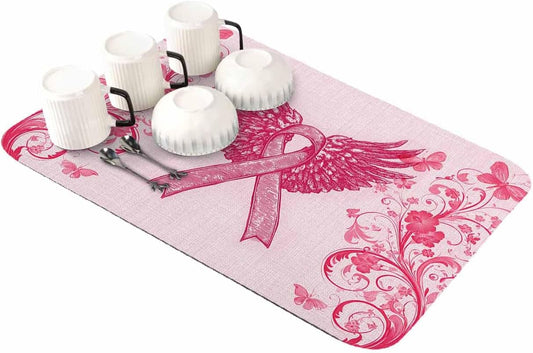 Pink Ribbon Wings Dish Drying Mat for Kitchen Counter, Absorbent Quick Dry Coffee Bar Mat Pad Thin Diatomaceous Sink Mats, Bows Vintage Floral Butterfly Abstract Non Slip Dish Drainer Mats 12''x16''