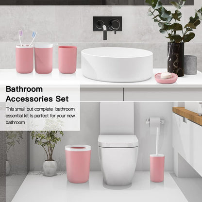 Otostar 6 Piece Bathroom Accessory Set Plastic Bath Accessories Bathroom Gifts Set with Soap Dispenser Toothbrush Holder Tumbler Soap Dish Toilet Brush Holder Trash Can Decor Countertop (Light Pink)