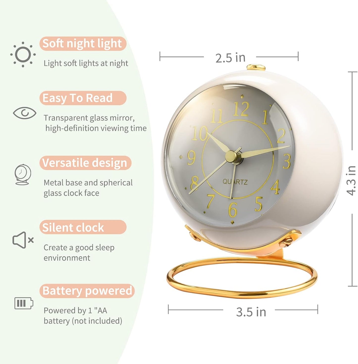 Tetino Analog Alarm Clocks for bedrooms,Small Desk Clocks,Night Light, Non-Ticking，Battery Powered,Silent Alarm Clock for Kids,Simple Design Desktop Alarm Clock. (Pink)