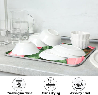 Absorbent Dish Drying Mat,Beautiful Fruit Pink Peach Green Leaves Microfiber Kitchen Countertop Table Protector Multipurpose Counter Rack Sink Drainer Pad(16x18 Inch)