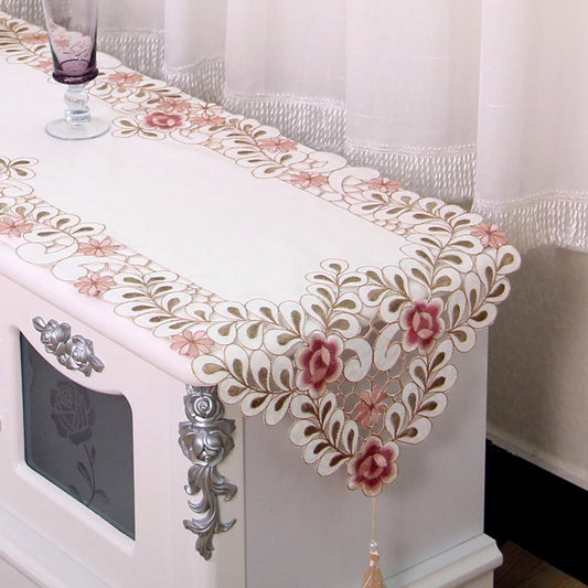 15" X 77" Vintage Flower Embroidered Polyester Lace Cream Floral Table Runner Dresser Scarves Dining Dinner Home Decor, Pink Flower